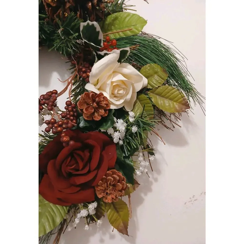 Winter Door Wreath Elegant Victorian ROSES Holiday Decor Christmas Arrangement‎